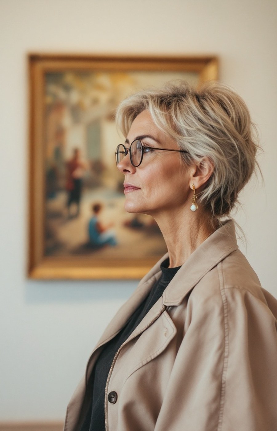Jennifer, in a gallery, considering a painting