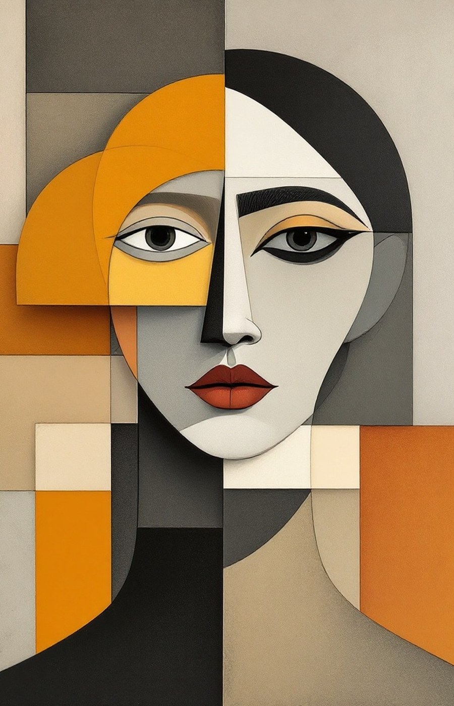 A face fragmented into cubist geometric planes