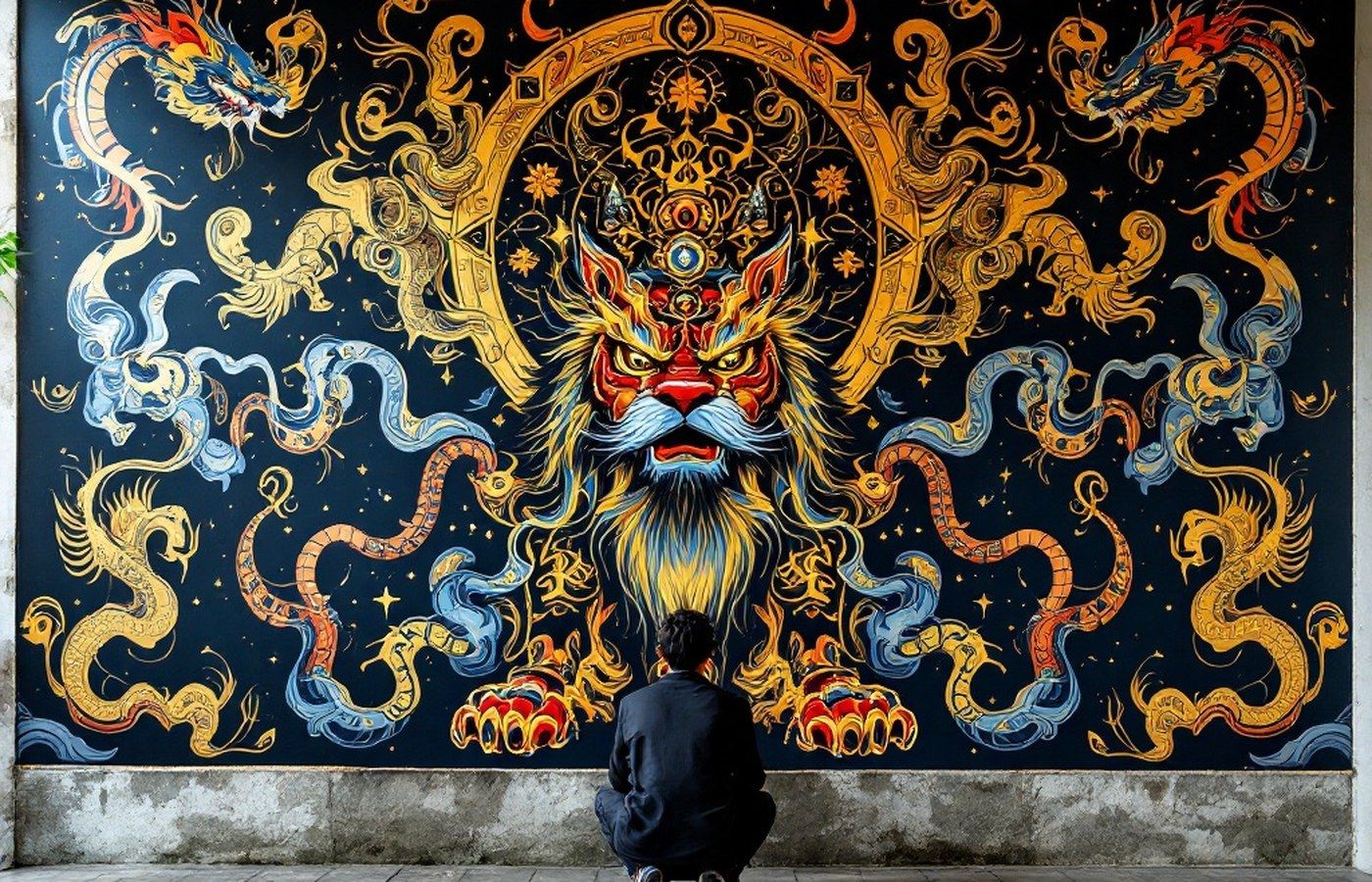 A mythic guardian creature amid sacred beasts and gold leaf