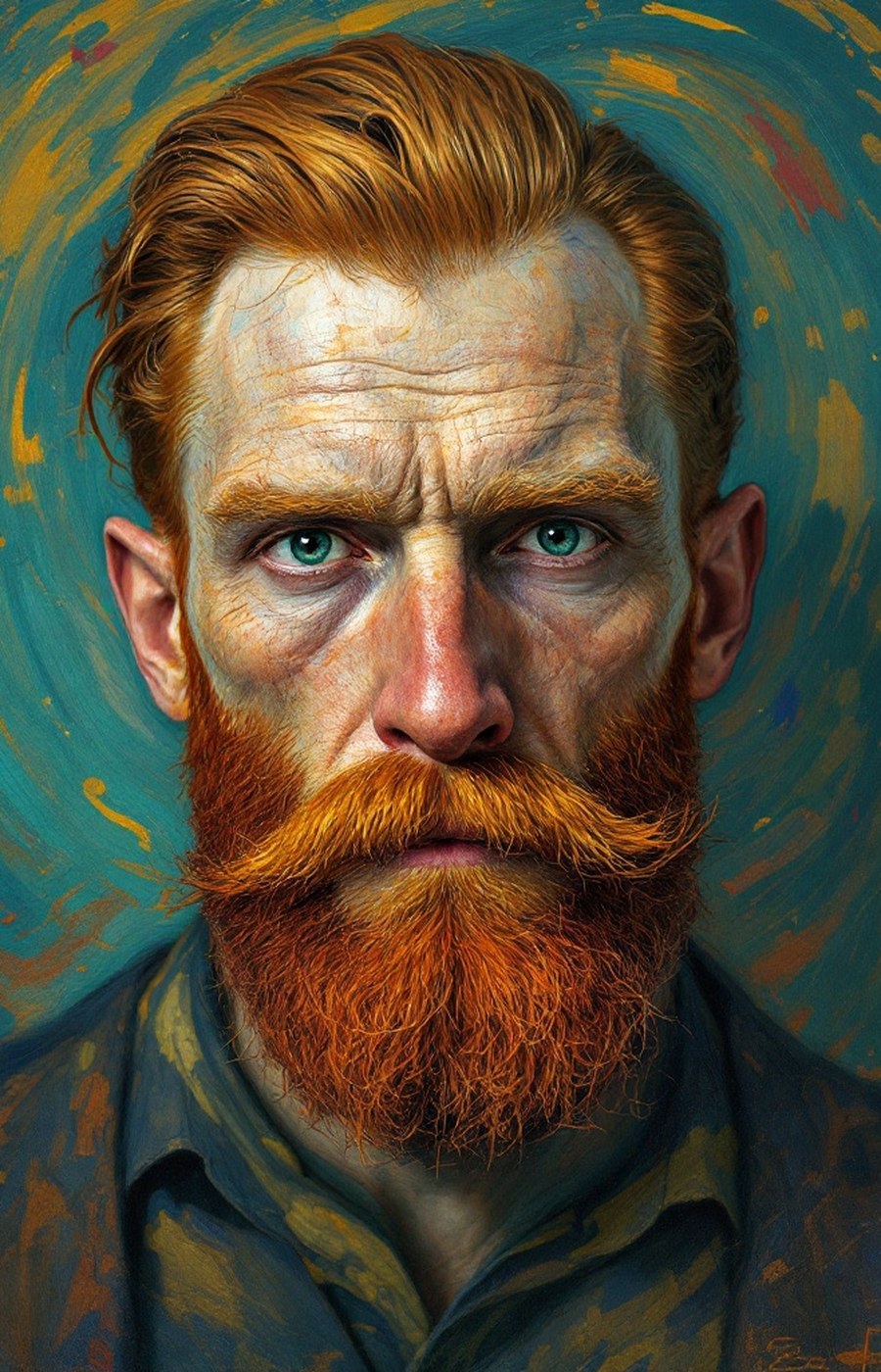 A red-bearded man with an intense gaze, painted in swirling colour