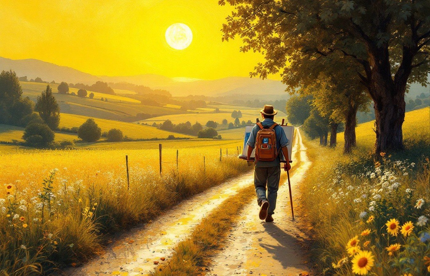 A painter walking to work along a country road under a blazing sun