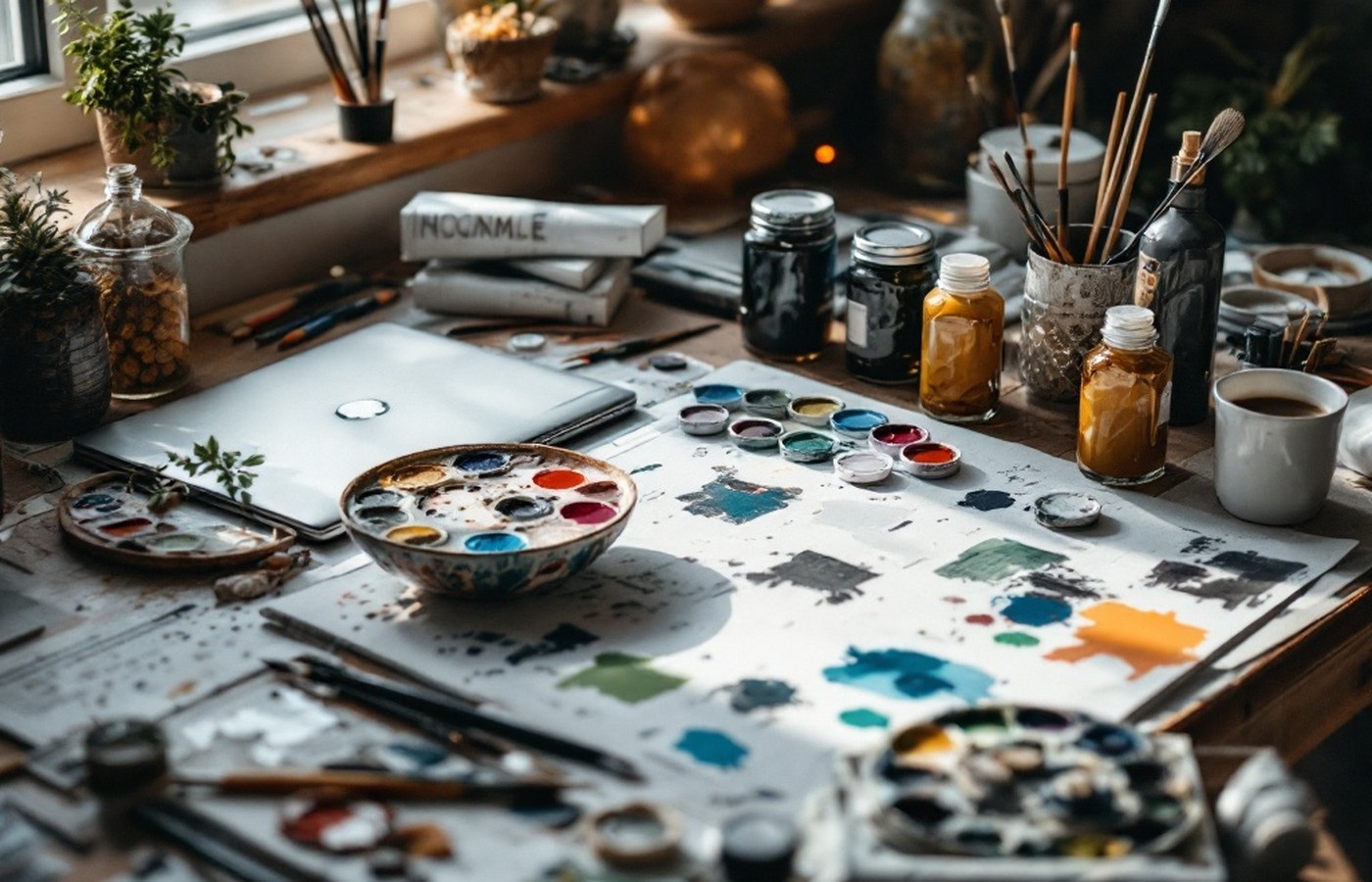 A laptop open on a paint-strewn desk